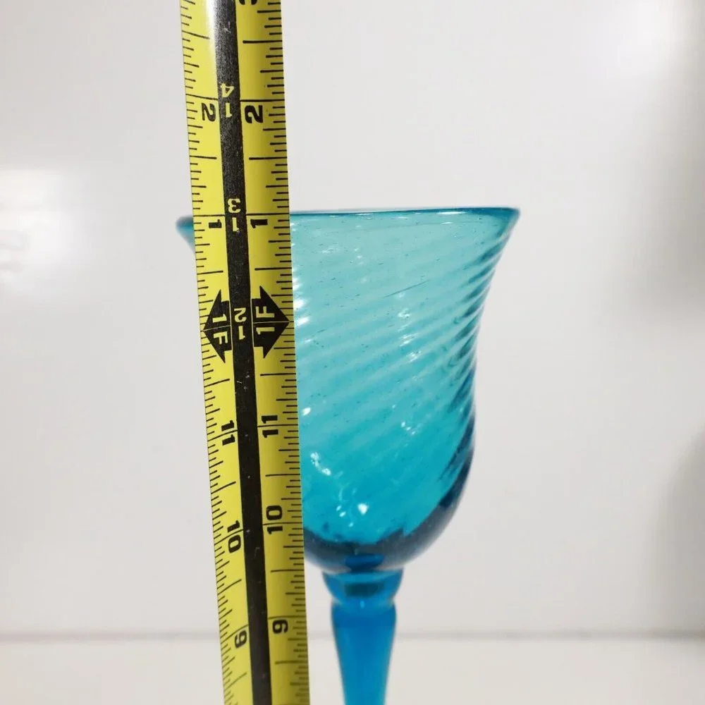 1950s Mexican Avalos Teal Blue Bubble Glass Stemware Goblet 12.5